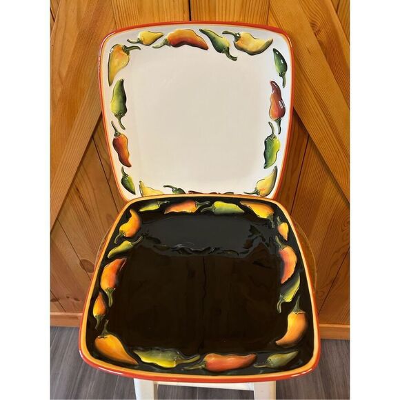 Clay Art Caliente Hand Painted StoneLite Serving Dishes Square Set Of 2 11” (847 - Picture 1 of 14